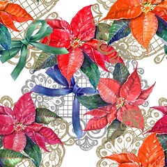 Watercolor  seamless pattern with flowers poinsettia, ribbon and gold lace on white background. 