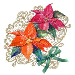 Watercolor illustration with christmas elements. Poinsettia,  openwork and ribbon on white background.