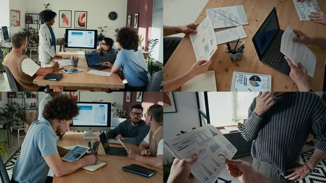 Split screen of multi-ethnic colleagues having active discussion, exchanging documents during presentation at business meeting in office