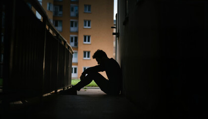 Silhouette of depressed man sitting on walkway of residence building. Sad man, Cry, drama, lonely and unhappy concept.