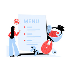 Woman Reading Restaurant Menu And Food Display In Flat Vector Illustration Symbolizing Food Choices, Healthy Eating, And Dining Out, Isolated On White Background