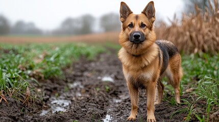 Naklejka premium Cute Dog Standing in Open Field
