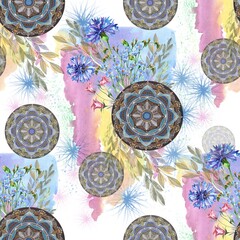 Watercolor seamless pattern with field flowers and mandala on white background. 