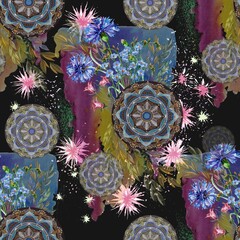 Watercolor colorful flower pattern with mandalas on black background.  Floral seamless pattern for decoration papers and fabric. 