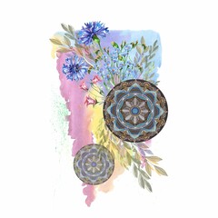 Watercolor  flowers with mandala on a watercolor splash. Illustration for decoration home 