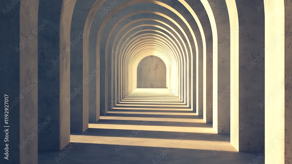 Poster a serene corridor with multiple arches, leading to a softly lit entrance, creates a sense of depth a