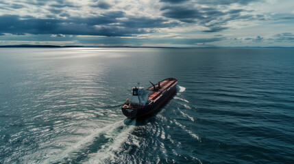 Fototapeta premium Vessel Navigating Open Waters, Distant Realistic Seascape View, Nautical Exploration Theme.