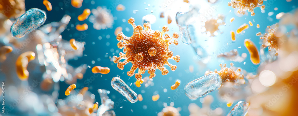 Poster detailed illustration of coronavirus surrounded by various microorganisms, showcasing vibrant colors