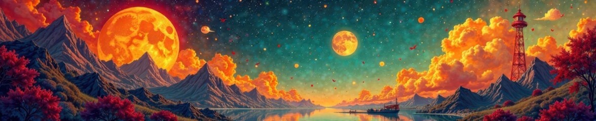 Vintage-style posters with bright colors and surreal designs, bold, abstract