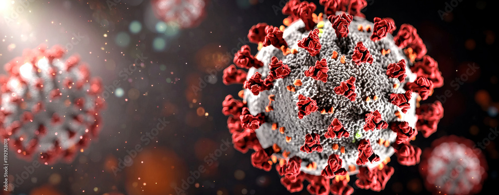 Poster microscopic view of coronavirus with red spikes, showcasing intricate details and textures. backgrou