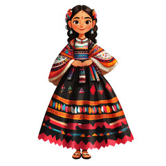 Obraz premium A female cartoon character dressed in a traditional Mexican Tarahumara dress, with unique patterns and bold colors, standing against a white background
