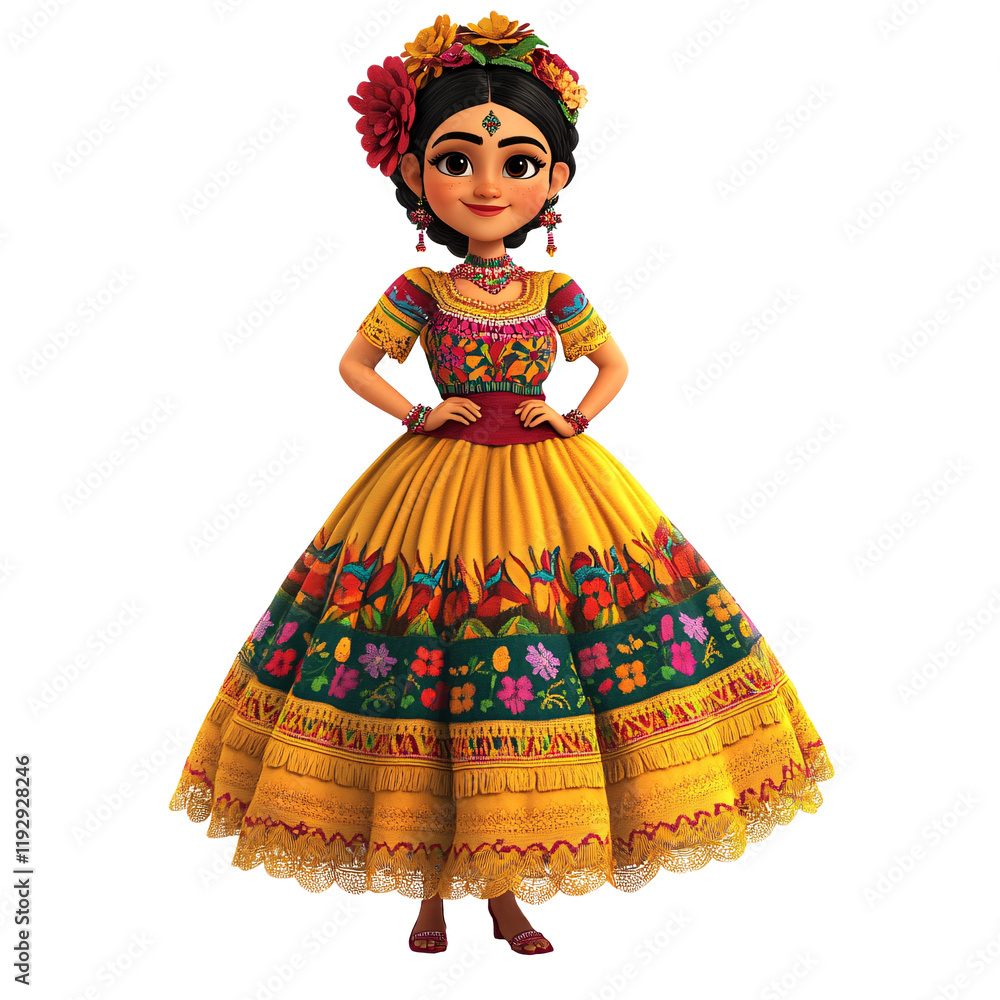 Wall mural A female cartoon character in a traditional Mexican Michoacan dress, featuring detailed embroidery and a wide skirt, on a white background