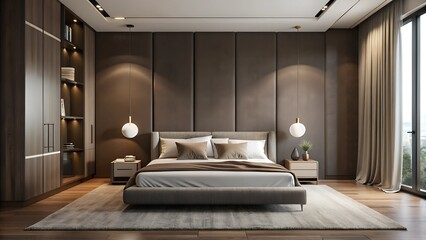 Minimalist interior design of modern luxurious bedroom with carpet dark brown wall