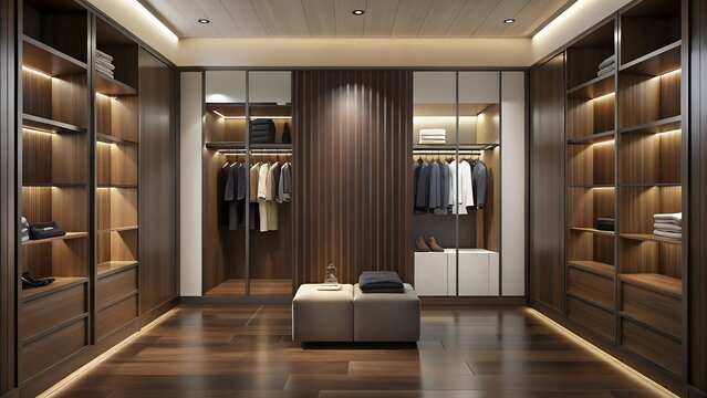 Minimalist interior design of modern luxury wardrobe walk in closet with wooden brown wall