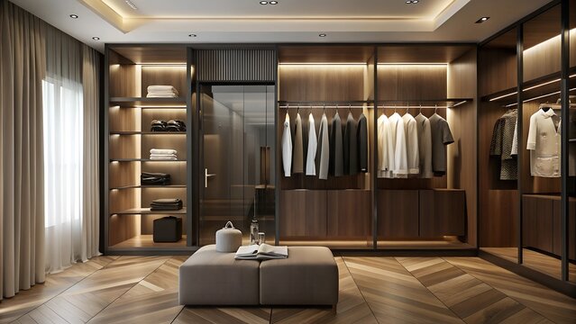 Minimalist interior design of modern luxury wardrobe walk in closet with wooden brown wall