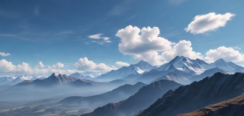 Fototapeta premium A breathtaking scene of a clear blue sky with wispy white clouds drifting lazily against the backdrop of a distant mountain range, vastness , white clouds