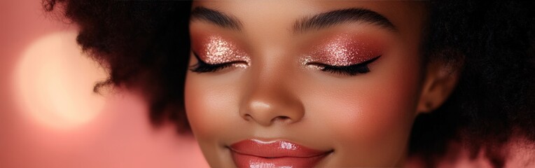 Close-up of artistic glitter makeup on a smiling woman. Represents creativity, boldness, and fashion-forward concepts for beauty editorials and style inspirations.