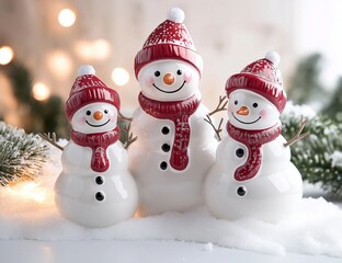 Obraz premium A family of three cute, smiling snowmen in red hats and scarves, standing on white snow with garlands and lights behind them. The background is blurred with a bokeh effect. 