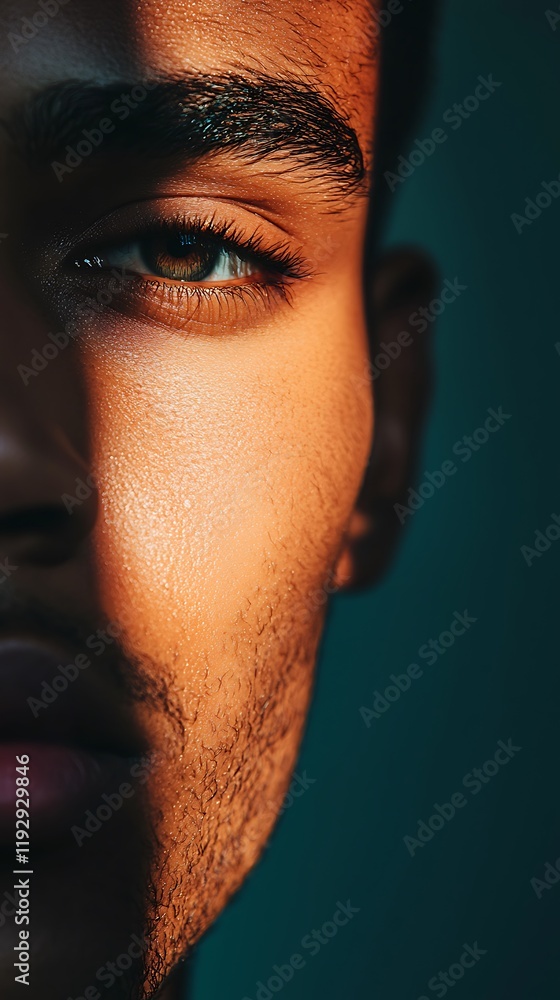 Poster a close-up portrait capturing a half-lit face, emphasizing sharp features and deep shadows, conveyin