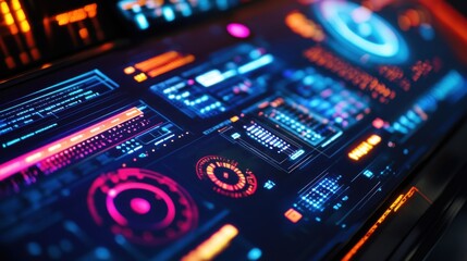 Futuristic control panel displaying various data and information with hud - heads up display - elements, creating a high tech and dynamic scene