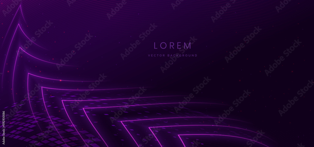 Poster abstract neon glowing arrow overlapping on dark purple background. technology data communication con
