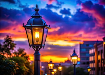 Miniature city glows at sunset.  A lone streetlamp shines under a vibrant blue-purple sky.