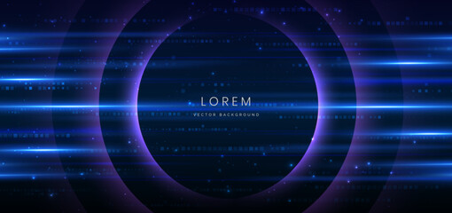 Abstract technology futuristic glowing circle purple light ray on dark blue background with square pattern digital element.