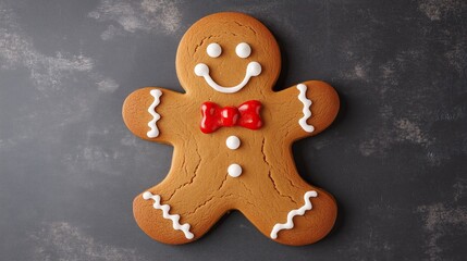 Cheerful gingerbread cookie with red bow.