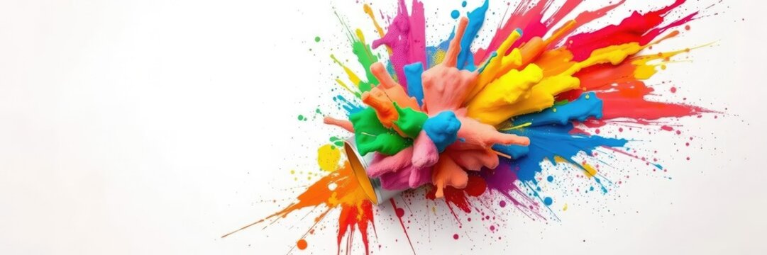 A burst of bright color exploding from a broken paint can on a plain white wall, contemporary style, colorful stain, vibrant color