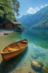 Cabane paisible au bord d&rsquo;un lac de montagne avec barque et eau cristalline