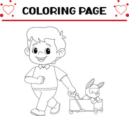 boy pulling cart with cyber dog coloring page for kids