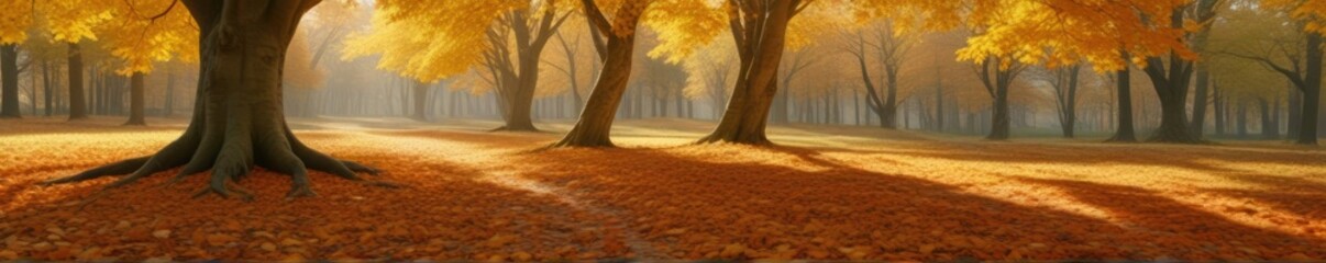 A carpet of fallen leaves under a sprawling beech tree with golden autumn tones, woodland, autumn