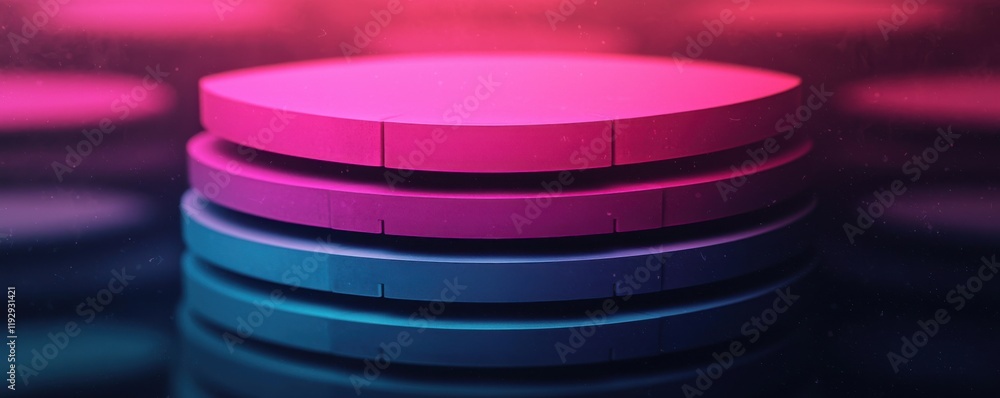 Poster a vibrant stack of circular shapes in shades of pink and blue, with a soft glow creating an abstract