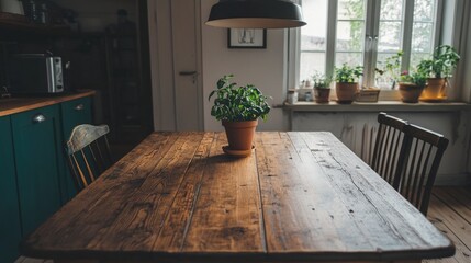 Fototapeta premium Rustic wooden kitchen table with potted herb, sunlight from window.