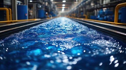 Crystal Clear Water Flowing Through Industrial Pipes in a Bright and Modern Factory Setting with Reflections of Light Creating an Ethereal Atmosphere