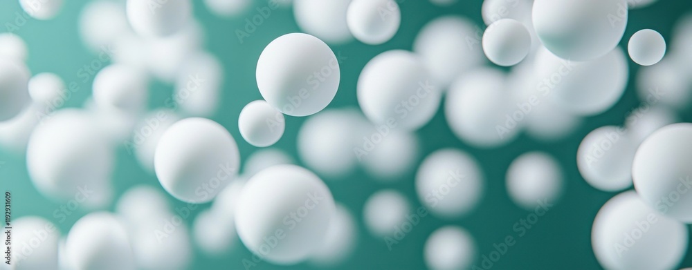 Poster a close-up view of floating white spheres against a soft teal background, creating a serene and abst