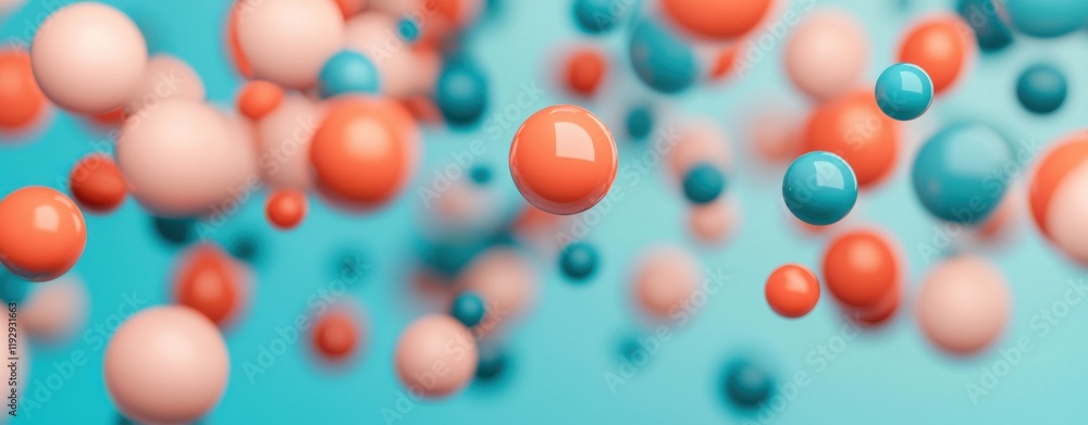 Poster a vibrant abstract representation of colorful spheres floating against a soft blue background, evoki