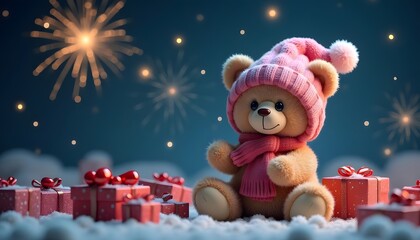 Festive Teddy Bear Amidst Sparkling Fireworks and Gifts
