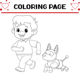 little boy running with cyber dog coloring page for kids