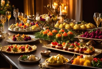 Naklejka premium delightful array colorful appetizers presented elegant serving platters visually appealing culinary experience, spread, display, arrangement, showcase