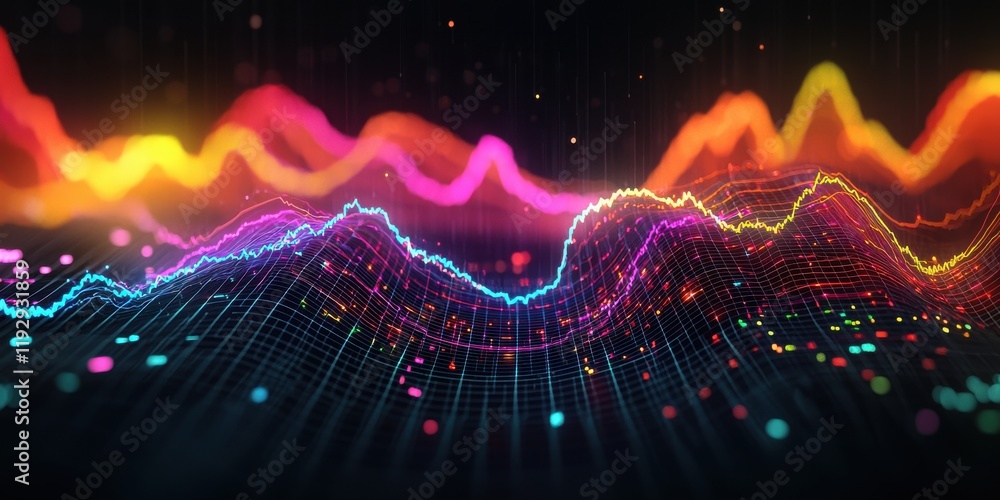 Poster a vibrant, abstract visualization of sound waves with colorful peaks and valleys against a dark back