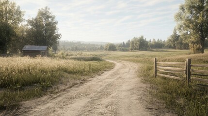 Fototapeta premium Serene rural landscape with dirt road, wooden fence, and small cabin in a grassy field under a hazy sky.