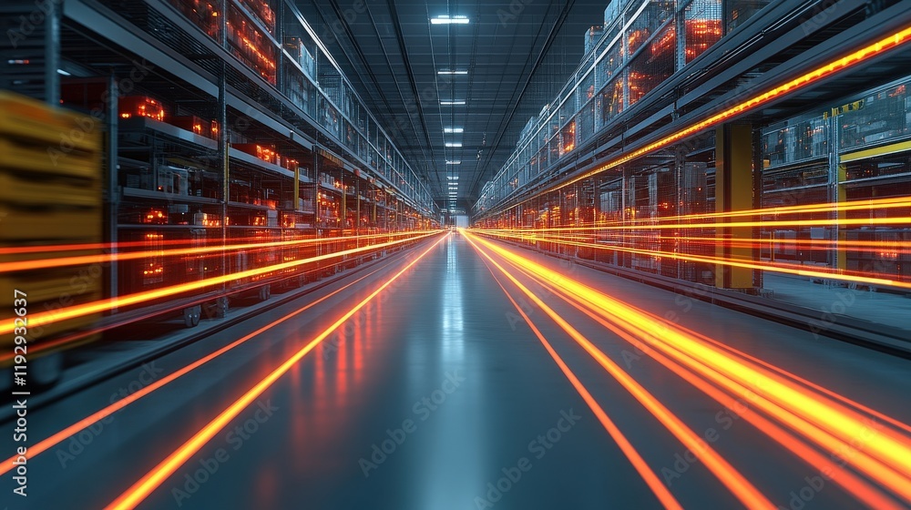 Poster dynamic view of a modern warehouse with blurred light trails, showcasing efficient logistics operati