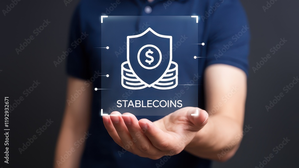 Poster digital shield icon symbolizing secure cryptocurrency and stablecoin transactions in the future