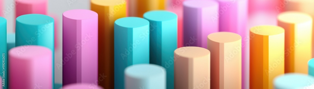 Poster a vibrant arrangement of colorful cylindrical objects in pastel shades, creating a lively and playfu