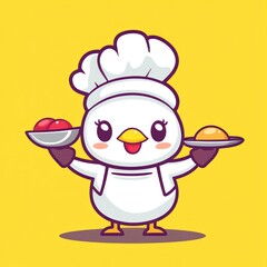 Cute chick chef serving food on yellow