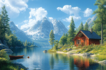 Fototapeta premium Cabane paisible au bord d’un lac de montagne avec barque et eau cristalline