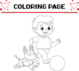 young boy playing big ball with his cyber dog coloring page for kids