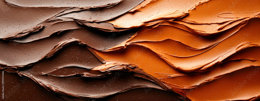 Poster rich chocolate frosting with wavy patterns creates visually appealing texture. deep brown and warm o