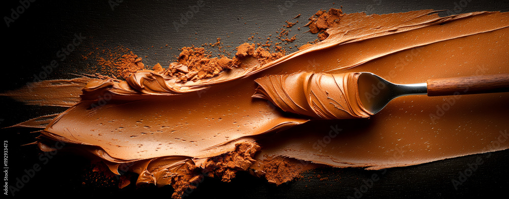 Poster close up of rich chocolate frosting spread with spatula, showcasing smooth, wavy patterns and glossy